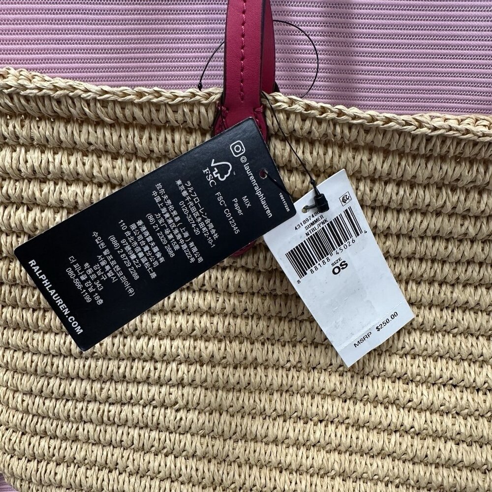 Lauren Ralph Lauren Natural Sport Pink Brie Leather Trim Straw Totebag Handbag - Picture 6 of 6